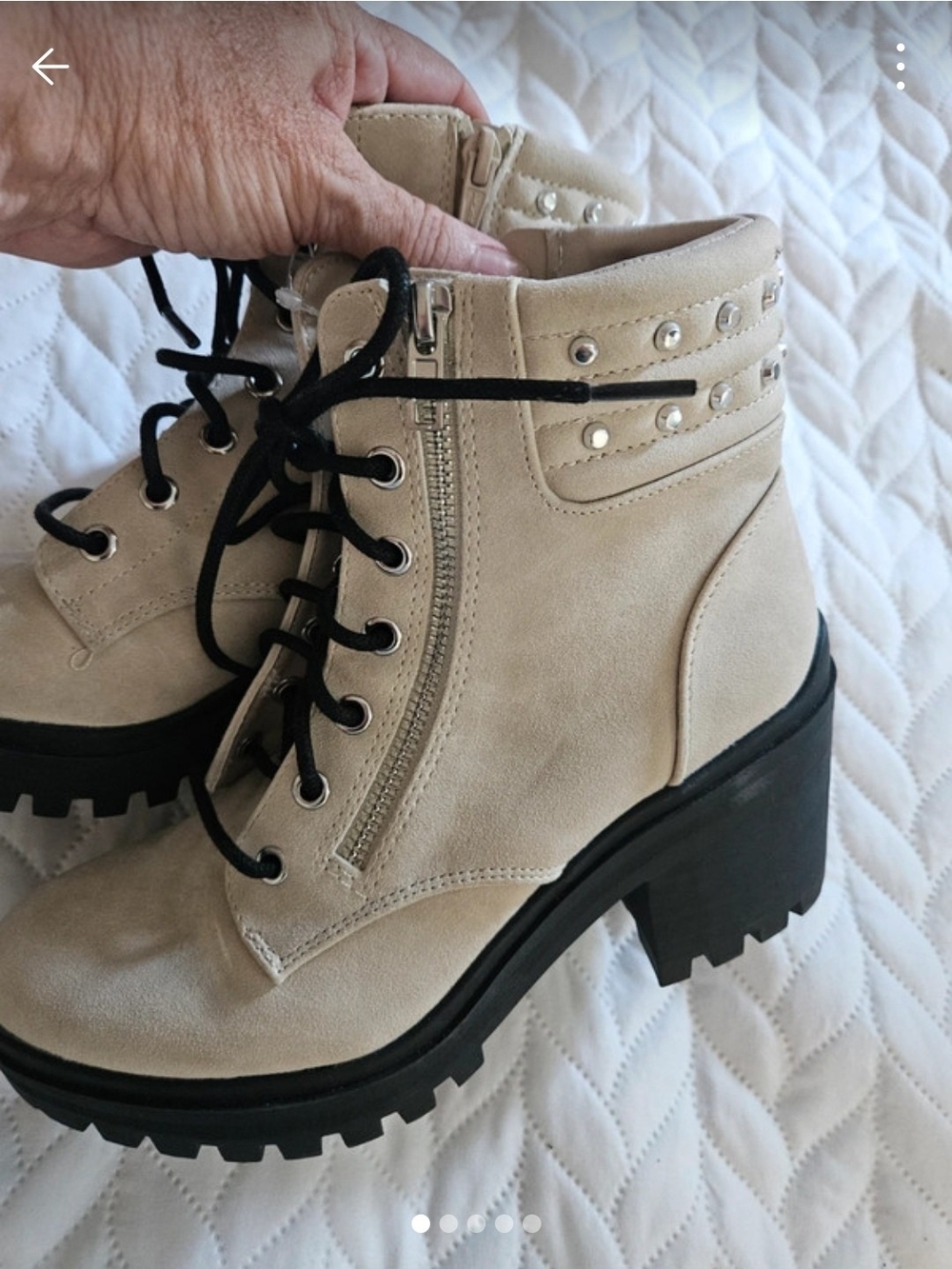 Beige Studded Lace-Up Chunky Heel Ankle Boots